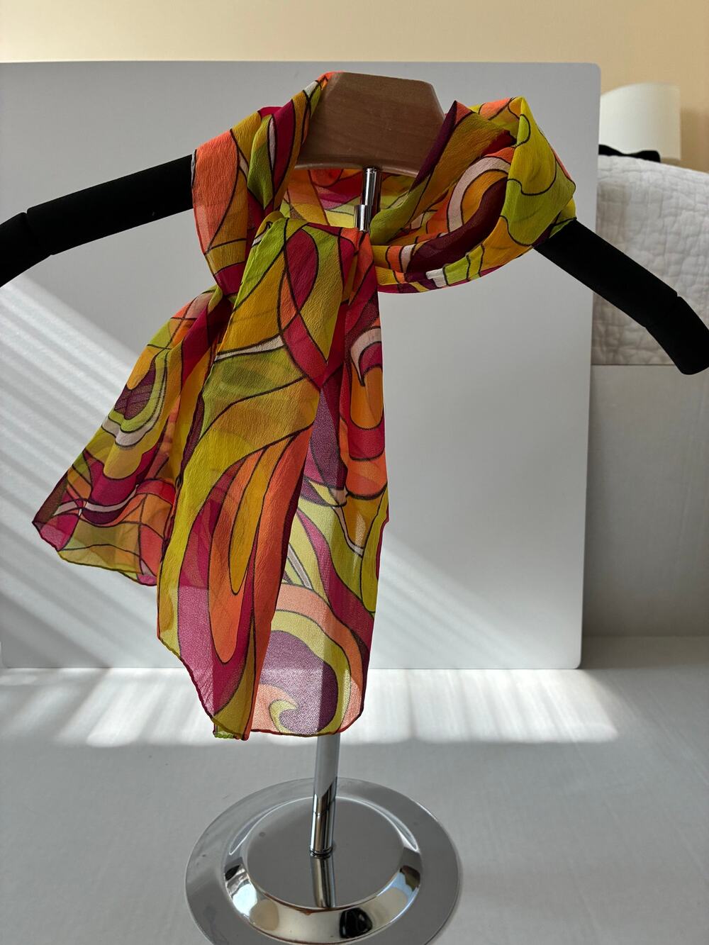 Marci Cara Scarf Colorful 70's Design Mod Swirl Chiffon Nylon Crepe 44" x 12.5"